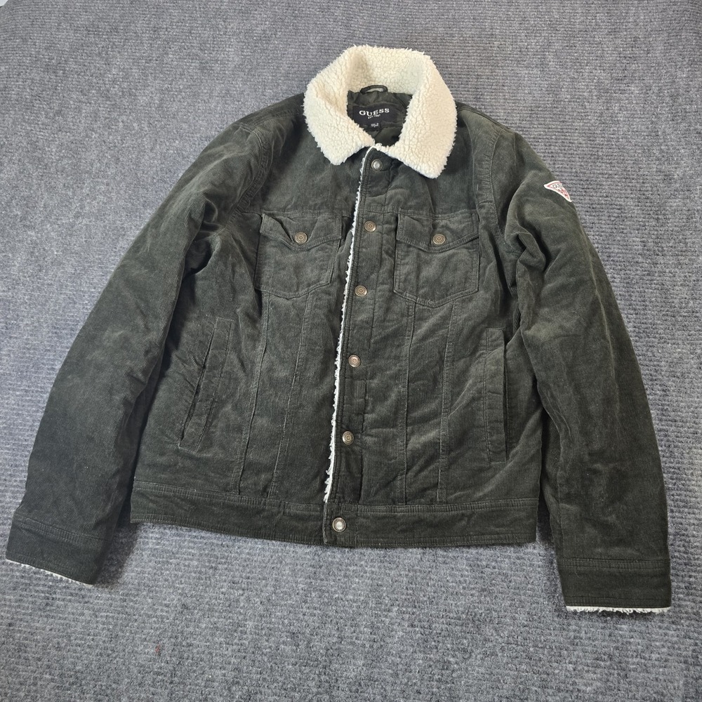 GUESS Mens L Olive Green Corduroy Sherpa Collar Trucker Jacket Logo Y2K
